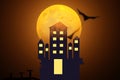 Halloween festival night background with haunted house and full moon with bats in dark night,illustration Royalty Free Stock Photo