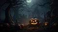 Halloween festive background for invitation card party with pumpkins Jack O lantern, spooky forest at night, bat, spiders and moon Royalty Free Stock Photo