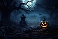 Halloween festive background for invitation card party with pumpkins Jack O lantern, spooky forest at night, bat, spiders and moon Royalty Free Stock Photo