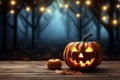 Halloween festive background for invitation card party with pumpkins Jack O lantern, spooky forest at night, bat, spiders and moon Royalty Free Stock Photo