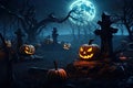 Halloween festive background for invitation card party with pumpkins Jack O lantern, spooky forest at night, bat, spiders and moon Royalty Free Stock Photo