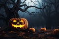 Halloween festive background for invitation card party with pumpkins Jack O lantern, spooky forest at night, bat, spiders and moon Royalty Free Stock Photo