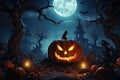 Halloween festive background for invitation card party with pumpkins Jack O lantern, spooky forest at night, bat, spiders and moon Royalty Free Stock Photo