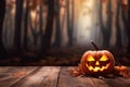 Halloween festive background for invitation card party with pumpkins Jack O lantern, spooky forest at night, bat, spiders and moon Royalty Free Stock Photo