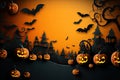 Halloween festive background for invitation card party with pumpkins Jack O lantern, spooky forest at night, bat, spiders and moon Royalty Free Stock Photo