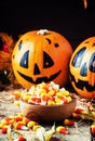 Halloween festive composition with sweet corn in bowl and smiling pumpkins guards, lantern, straw and fallen leaves on dark Royalty Free Stock Photo