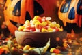 Halloween festive composition with sweet corn in bowl and smilin Royalty Free Stock Photo