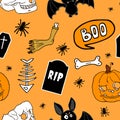 Halloween festive seamless pattern. Orange endless background with pumpkins, skulls, bats, spiders, bones, and speech Royalty Free Stock Photo