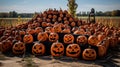 Halloween field of jack o lanterns pumpkins. Generative AI