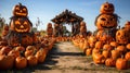 Halloween field of jack o lanterns pumpkins. Generative AI