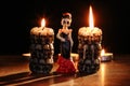 Halloween: figures of single skeletons of the woman against the background of the burning candles in the form of