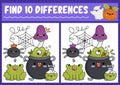 Halloween find differences game for children. Attention skills activity with cauldron, frog, potion, mushroom. Puzzle for kids