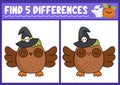 Halloween find differences game for children. Attention skills activity with cute owl. Puzzle for kids with funny character.