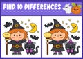 Halloween find differences game for children. Attention skills activity with cute witch, black cat, moon and broom. Puzzle for