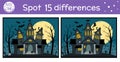 Halloween find differences game for children. Autumn educational activity with funny haunted house. Printable worksheet with