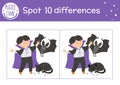 Halloween find differences game for children. Autumn educational activity with funny vampire, bat and black cat. Printable