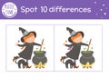 Halloween find differences game for children. Autumn educational activity with funny witch, cauldron and black cat. Printable Royalty Free Stock Photo