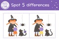 Halloween find differences game for children. Autumn educational activity with funny witch, spider and black cat. Printable
