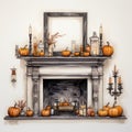 Halloween Fireplace Background With Pumpkins And Candles