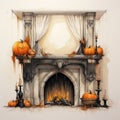 Halloween Fireplace Design With Candles, Pumpkins, And Drapery
