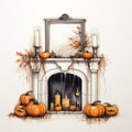 Halloween Fireplace Illustration With Pumpkins And Candles