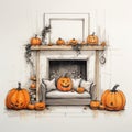 Halloween Fireplace Sketch With Wooden Couch And Pumpkins