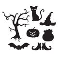 Halloween flat elements symbol. Scary cat, tree, hat, witch pot, broom, bat and shoes silhouette. Pumpkin jack lantern Royalty Free Stock Photo