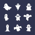 Halloween flat ghost vector collection. Cute ghost bundle. White ghosts on dark background. Set of Halloween cute ghosts. Flat