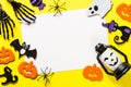 Halloween flat lay mock up background with party decorations. Royalty Free Stock Photo