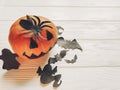 Halloween flat lay. jack lantern pumpkin with witch ghost bats a Royalty Free Stock Photo