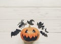 Halloween flat lay. jack lantern pumpkin with witch ghost bats a Royalty Free Stock Photo