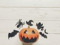 Halloween flat lay. jack lantern pumpkin with witch ghost bats a Royalty Free Stock Photo