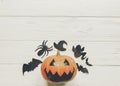 Halloween flat lay. jack lantern pumpkin with witch ghost bats a Royalty Free Stock Photo