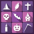 Halloween flat vector icons with long shadow. Set