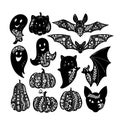 Halloween Floral Decor in Bat, Pumpkin, Ghost and Cat Silhouette. Halloween Linocut Gothic Mystery Symbols. Vector
