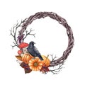 Halloween floral wreath. Watercolor illustration. Hand drawn spooky round decor with black raven, pumpkin, toadstool