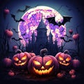 A Halloween flyer card featuring a scary castle, pumpkins with glowing eyes and bats against a full moon background. Royalty Free Stock Photo