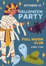 Halloween flyer design for kids party. Promotion card template with boy child disguised in creepy pharaoh costume
