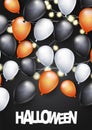 Halloween flyer or poster with white, black, and orange helium baloons and glowing lights garland. Holiday party nights invitation