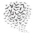 Halloween flying bats. Swarm of bat silhouettes in sky. Creepy batman halloween vector decoration