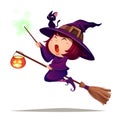 Halloween flying little witch. Girl kid in Halloween costume holds a magic wand. Isolated. Royalty Free Stock Photo