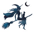 Halloween flying witch on a broom, silhouette on the white background