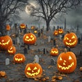 Halloween, Foggy cemetery with old trees. Full moon in background. Pumpkins