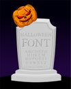 Halloween font. Carved alphabet. Letters on tombstone. sepulchral tomb lettring. Pumpkin and grave. RIP Alphabet