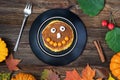 Halloween food, pumpkin pancakes Royalty Free Stock Photo