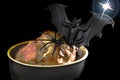 Halloween food. Spooky glowing lava sponge with fun novelty spider and vampire bat.