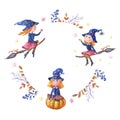 Halloween frame with cute witches on a broom. Watercolor illustration Royalty Free Stock Photo