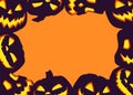Halloween frame with dark pumpkin head Jack O\' Lanterns on orange background. Vector poster illustration Royalty Free Stock Photo