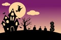 Halloween full moon night background, dark castle, pumpkins, tombstone, witch, and bats. Vector illustration Royalty Free Stock Photo