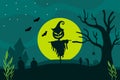 Halloween full moon night background with the Scarecrow pumpkin, dark castle, tombstone, and bats. Vector illustration Royalty Free Stock Photo